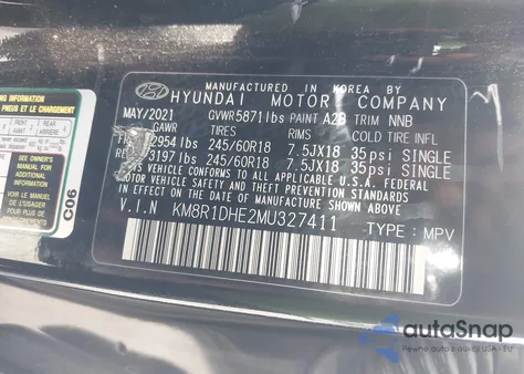 2021 Hyundai Palisade Se z USA, uszkodzony, nr VIN KM8R1DHE2MU327411